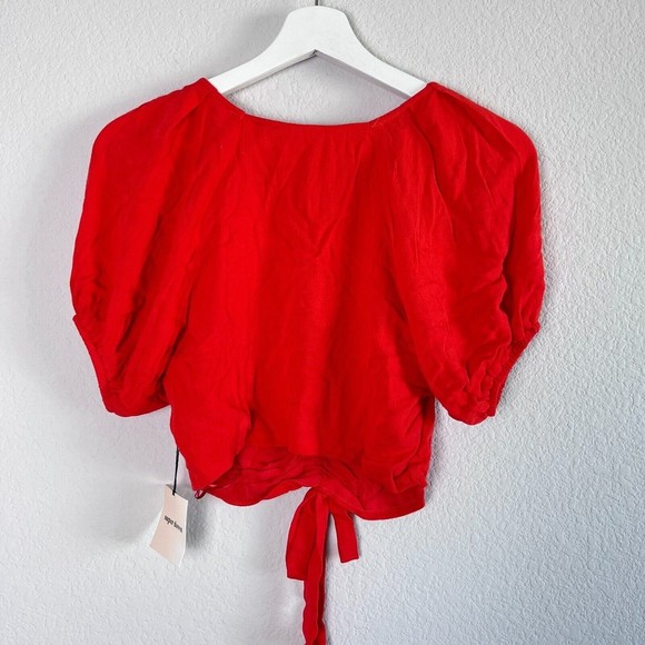 NEW Superdown Revolve Top Women's Size Small Red Puff Sleeve Deep V Neck - Picture 10 of 10